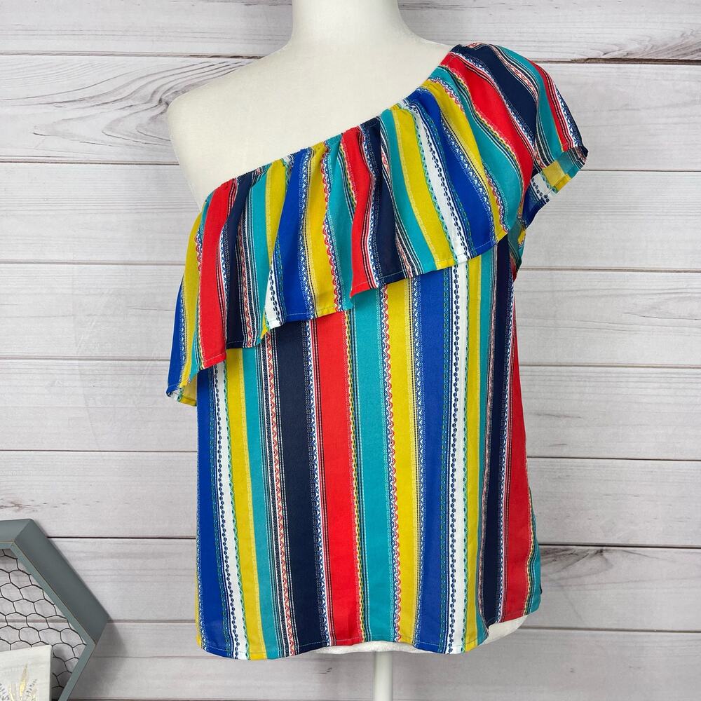 Lily White One Shoulder Striped Bright Color Top Size Small